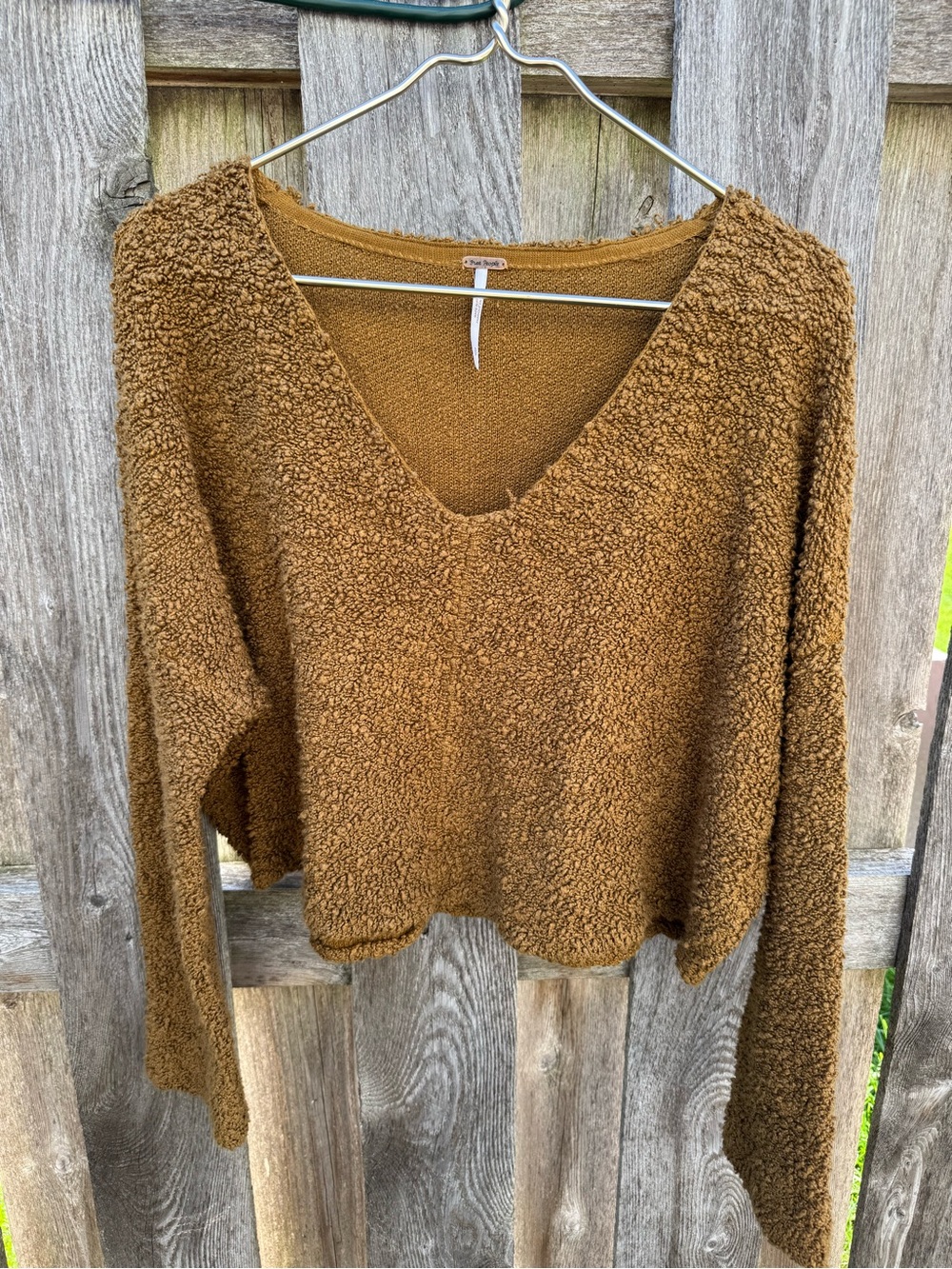 Free People Cropped Teddy V-Neck Sweater in Camel Brown